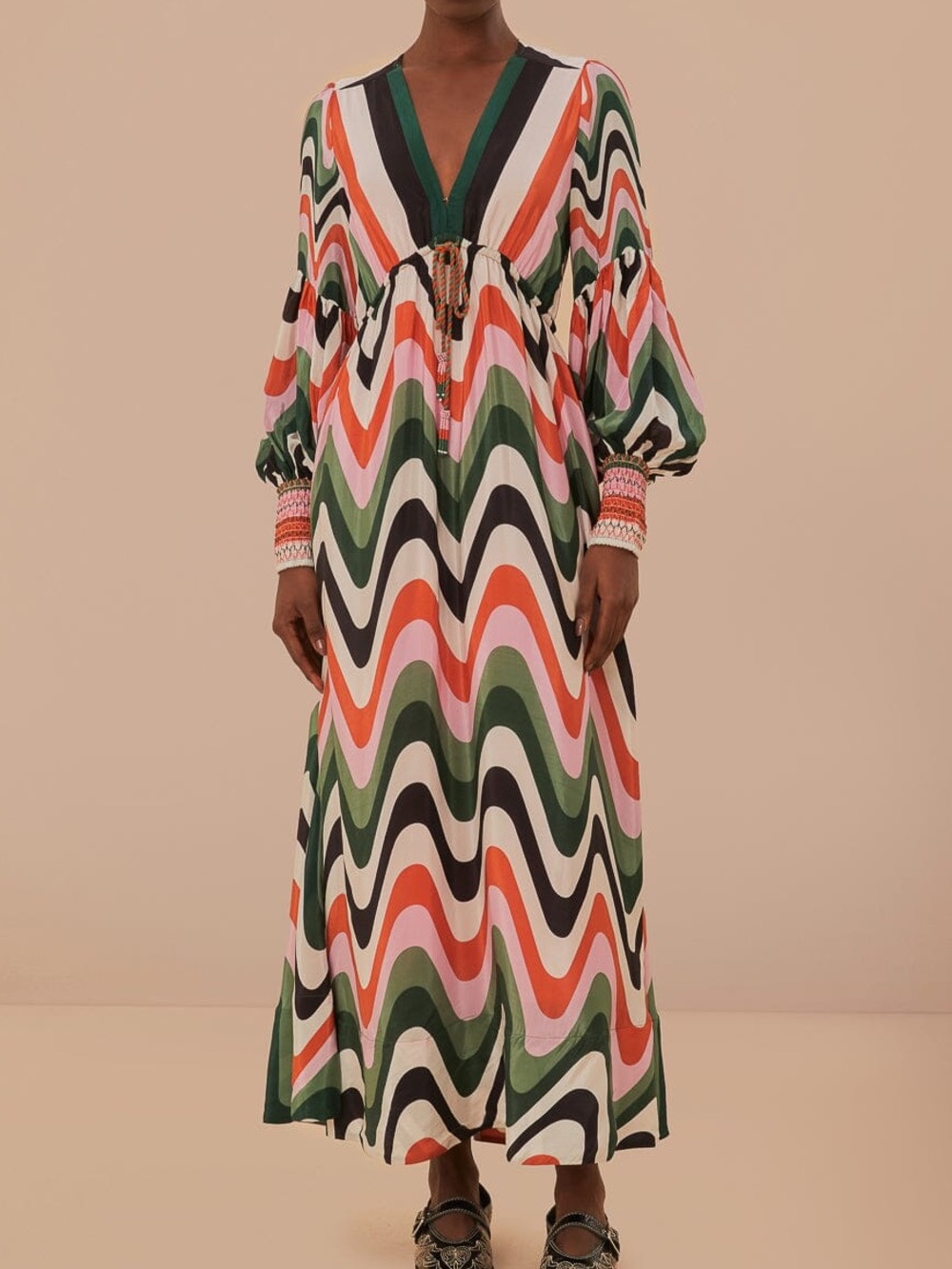 Farm Rio Wave Gradient Maxi Dress Tropical Resort Wavy Pink Green Puff Sleeve XS